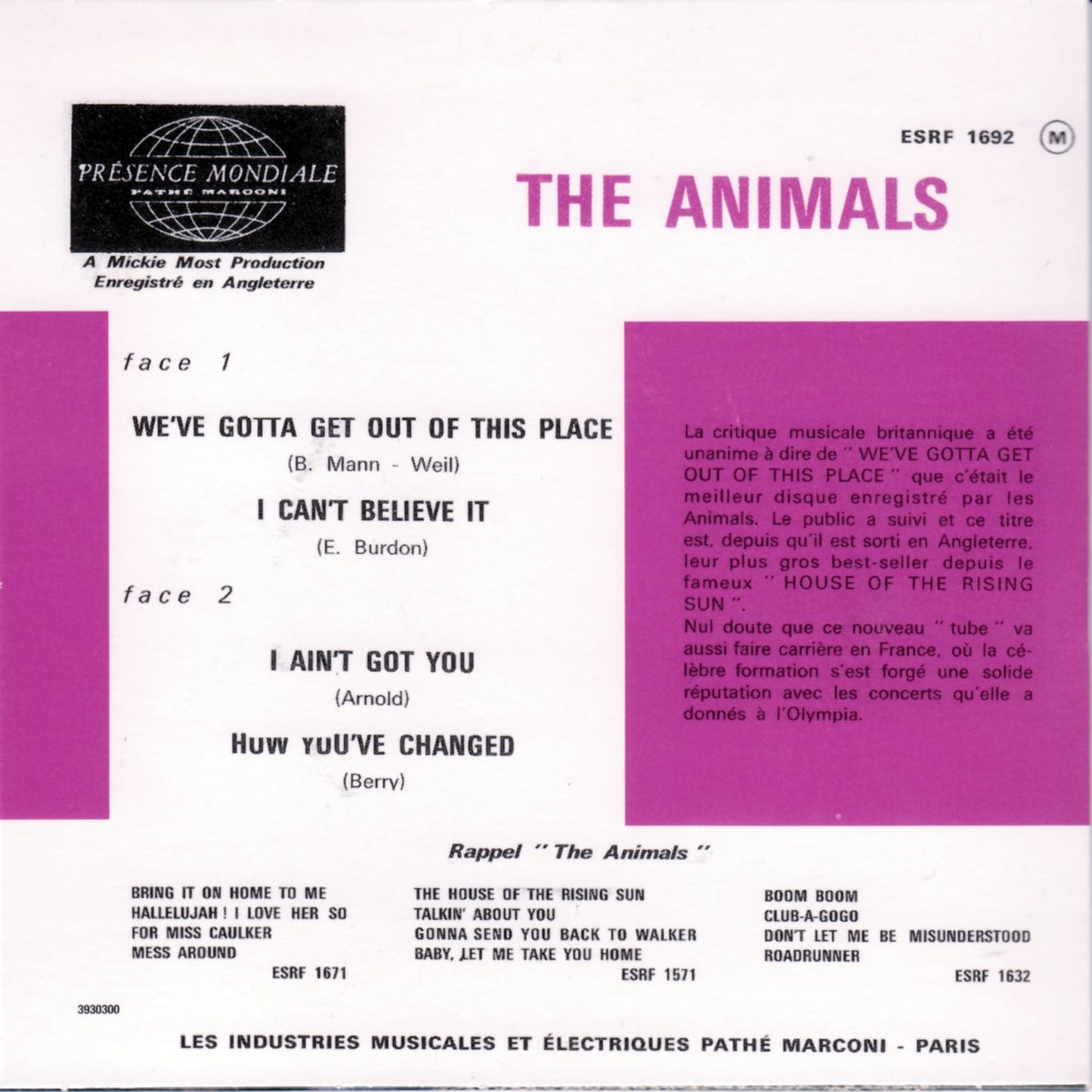 ANIMALS  - WE'VE GOTTA GET OUT OF THIS PLACE