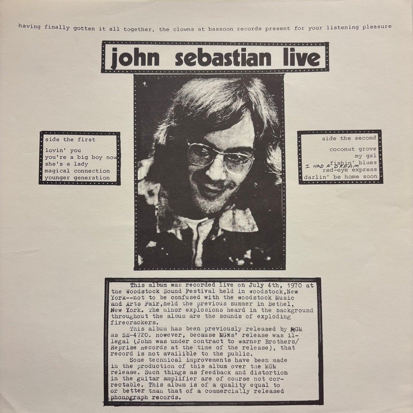 John Sebastian - Live (Used LP)